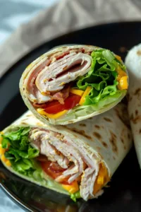 Delicious easy Turkey Club Wrap with fresh ingredients wrapped in a tortilla
