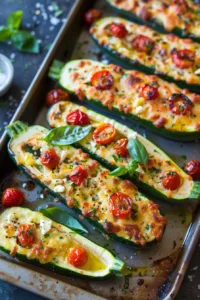 Feta cheese stuffed zucchini freshly baked and garnished with herbs