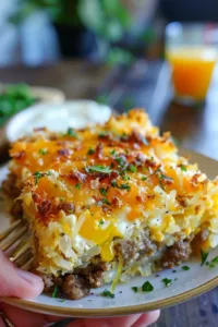 Delicious Hash Brown Sausage Breakfast Casserole served in a baking dish