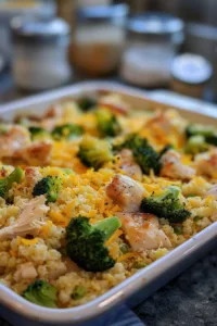 Healthy chicken cauliflower rice casserole topped with fresh herbs.