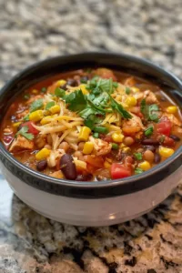 Bowl of healthy chicken chili topped with fresh cilantro and avocado.