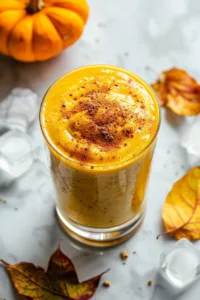 Delicious healthy pumpkin smoothie in a glass with fall spices and fresh ingredients