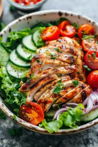 Healthy Ranch Chicken Salad with fresh vegetables and grilled chicken