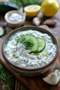 A bowl of healthy Tzatziki sauce with fresh cucumber and herbs