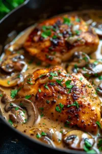 Plate of hearty smothered chicken garnished with herbs and served with sides