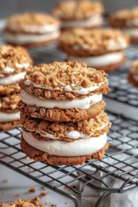 Homemade oatmeal cream pies on a plate, freshly baked and filled with creamy filling.