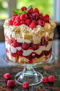 A delicious homemade raspberry trifle with layers of sponge cake, cream, and fresh raspberries.