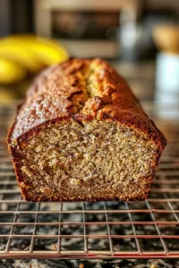 Loaf of moist banana bread with ripe bananas and walnuts on a wooden cutting board