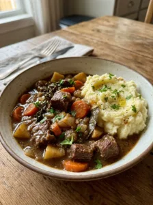 Delicious Irish Beef Stew served with creamy garlic mashed potatoes