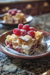 Delicious slice of raspberry bread pudding with fresh raspberries on top
