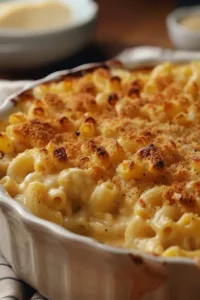 Delicious Southern baked macaroni and cheese topped with golden breadcrumbs