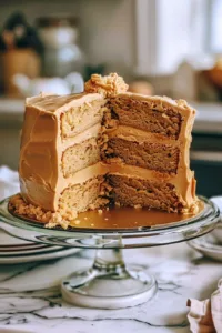 Old-fashioned peanut butter cake sliced on a plate with a fork