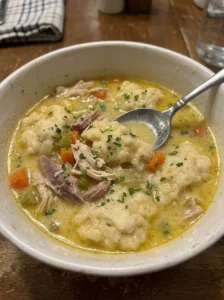 Delicious bowl of Pioneer Woman's Chicken and Dumplings served hot.