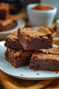 Delicious pumpkin brownies topped with chocolate drizzle on a rustic table