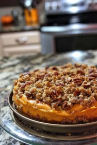 Delicious pumpkin coffee cake with crumb topping served on a plate