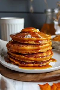 Stack of fluffy pumpkin pancakes drizzled with syrup and topped with whipped cream
