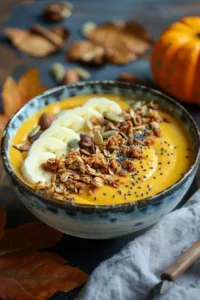 Delicious pumpkin pie smoothie bowl topped with nuts and pumpkin seeds