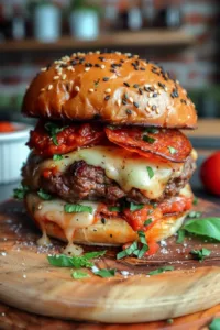 Delicious homemade pizza burgers topped with cheese and pepperoni
