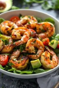 Fresh grilled shrimp salad with mixed greens and a zesty dressing