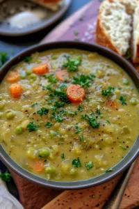 Bowl of hearty split pea soup garnished with herbs and bread on the side.