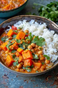 Delicious sweet potato chickpea curry served in a bowl with fresh herbs.