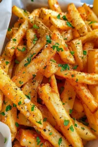 Delicious crispy takeout truffle fries served in a paper container.