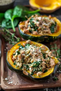 Delicious Turkey Stuffed Acorn Squash topped with herbs and spices