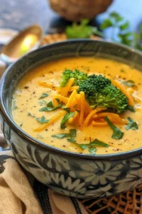 Bowl of creamy broccoli cheddar soup garnished with fresh broccoli florets