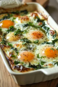 Delicious Baked Eggs Florentine served in a dish with spinach and cheese