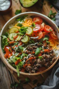 Delicious beef burger bowl with juicy beef, fresh veggies, and toppings