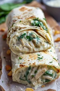 Creamy cheesy chicken Alfredo wraps served on a plate