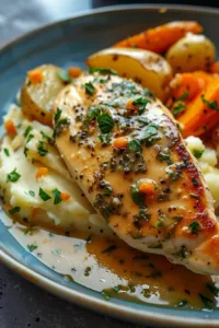 Delicious creamy herb chicken with mashed potatoes and glazed carrots