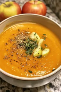 Bowl of creamy roasted apple pumpkin soup garnished with herbs.