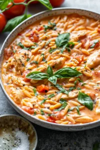 Creamy Tomato Orzo with Chicken served in a bowl