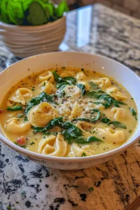 Creamy Tuscan Tortellini Soup garnished with fresh spinach and herbs