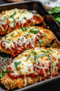 Crispy baked chicken parmesan with golden breadcrumbs and marinara sauce