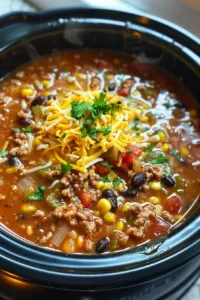 Crock Pot Taco Rice Soup with toppings in a bowl