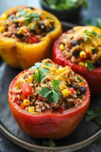 Colorful stuffed peppers filled with savory meat and veggies on a plate