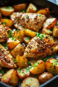 Garlic Parmesan Chicken served with roasted potatoes on a plate