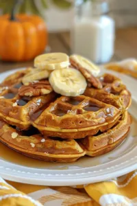 Delicious healthy vegan pumpkin waffles topped with maple syrup and pumpkin seeds.