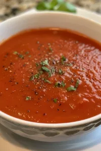 A bowl of homemade tomato soup garnished with fresh basil