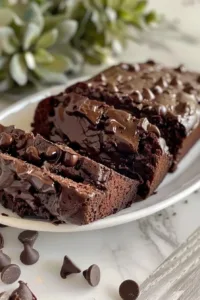 Delicious slice of hot fudge brownie bread on a wooden table.