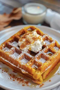 Delicious pumpkin waffles topped with syrup and whipped cream