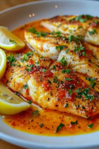 Quick tilapia fillets served in roasted pepper sauce on a plate