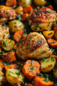 Oven-roasted chicken thighs with colorful roasted vegetables on a plate