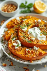 Delicious roasted pumpkin served with lemon yogurt sauce and pine nuts.