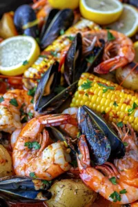 A delicious seafood boil featuring shrimp, crab, and vegetables in a flavorful broth.