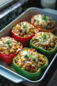 Shredded chicken and rice stuffed peppers on a plate garnished with herbs