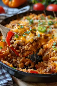 Delicious stuffed pepper casserole with colorful bell peppers and savory filling