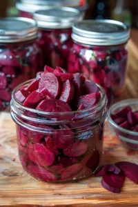 Jars of sweet refrigerator pickled beets ready to serve in a colorful display